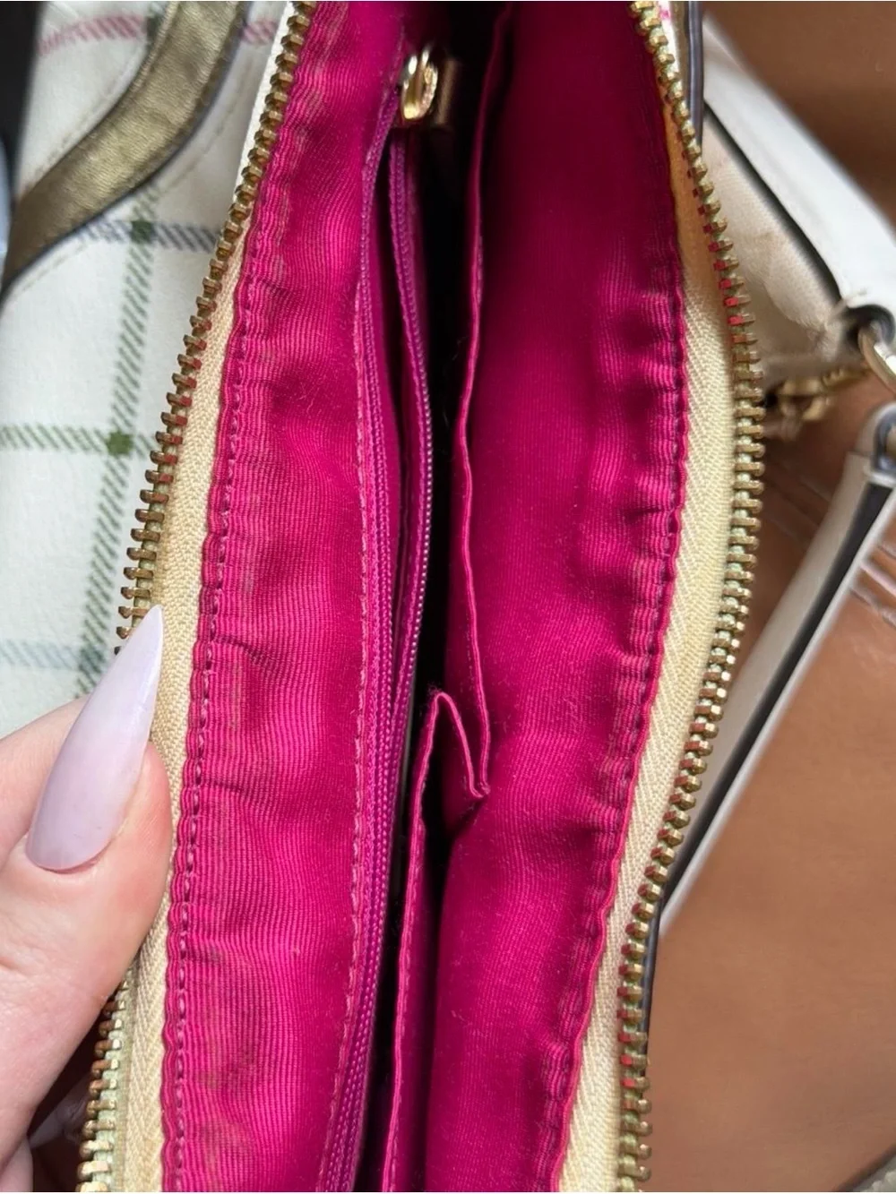 Coach Pink Plaid Shoulder Bag with Gold Metallic Trim
